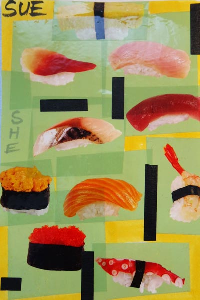 postcard-sized artwork of sushi