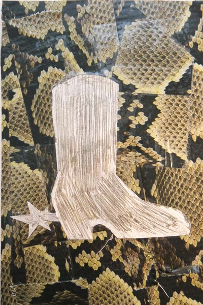 postcard-sized artwork of boot and snakeskin