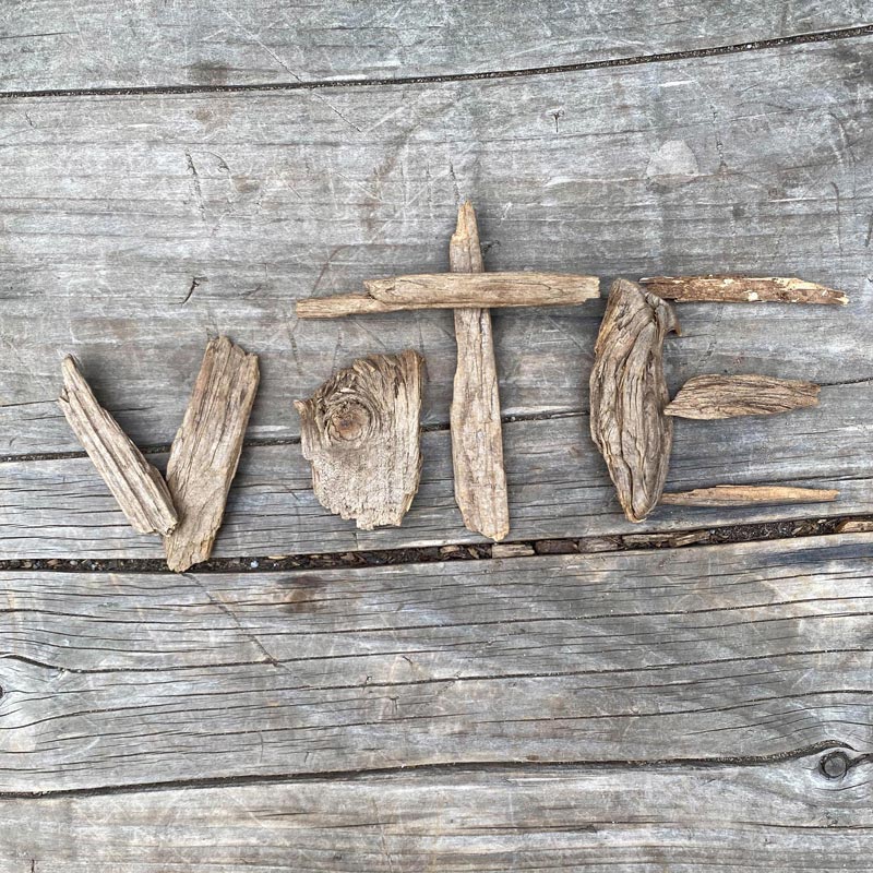 vote spelled with wood on wood