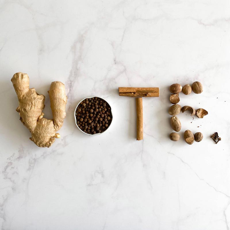 spices arranged to spell vote, ginger, allspice, cinnamon, nutmeg and clove