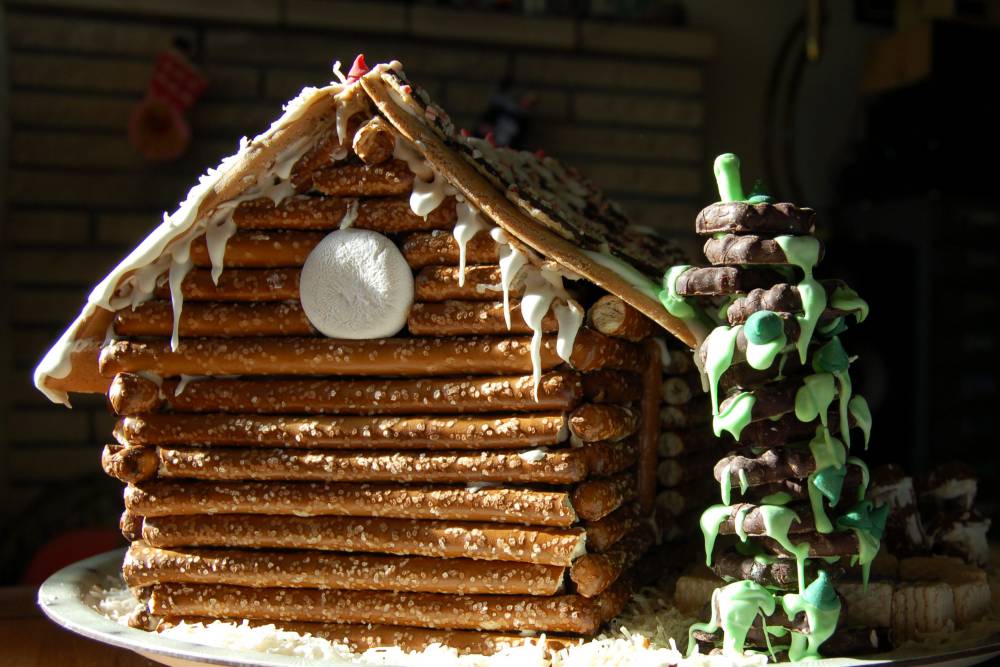 Log Cabin Gingerbread House Made with Pretzel Rod