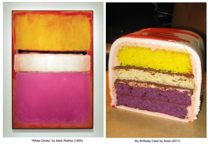 Side by side comparison of Rothko painting and a cake made to look like the painting
