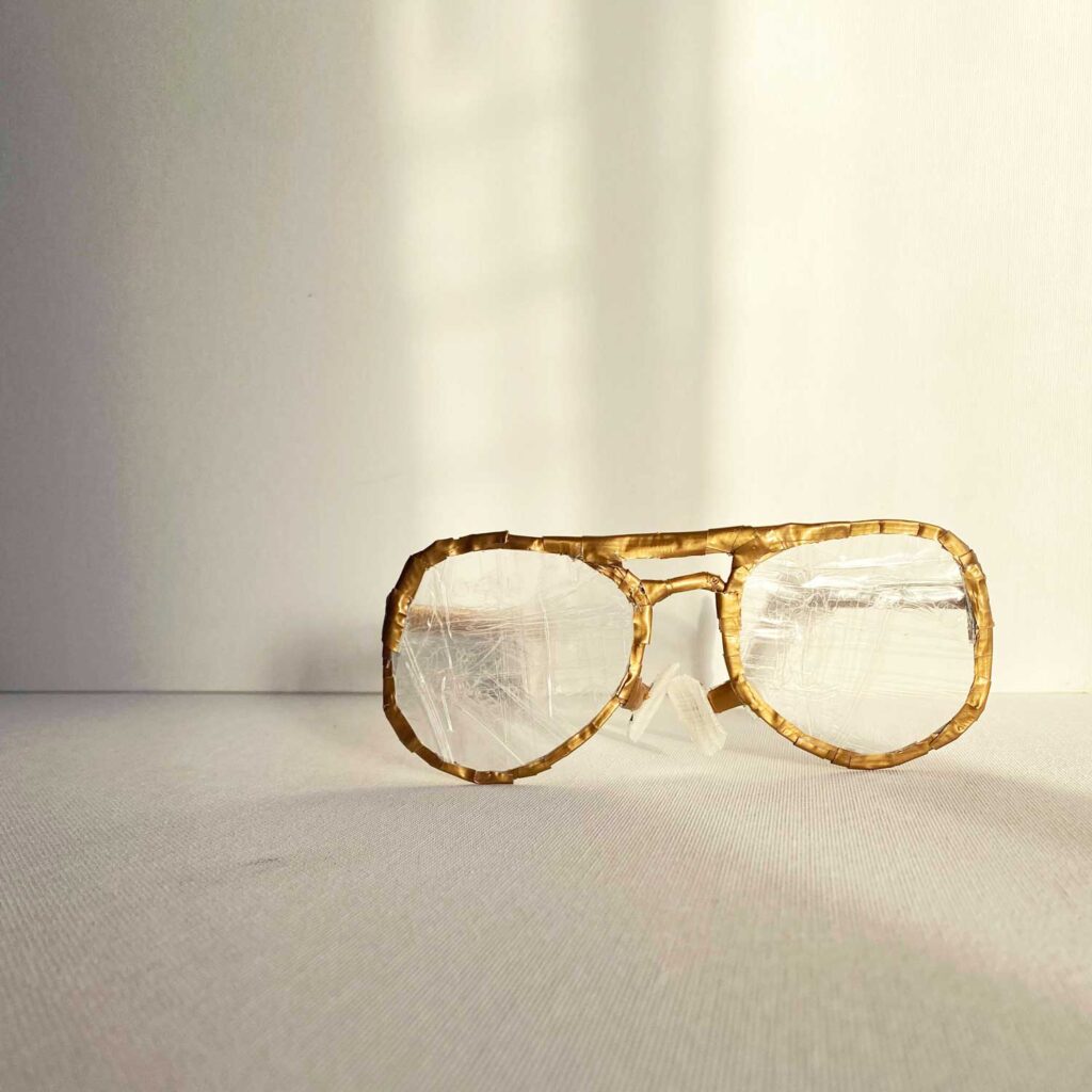 Gold aviator glasses made with duct tape and packing tape