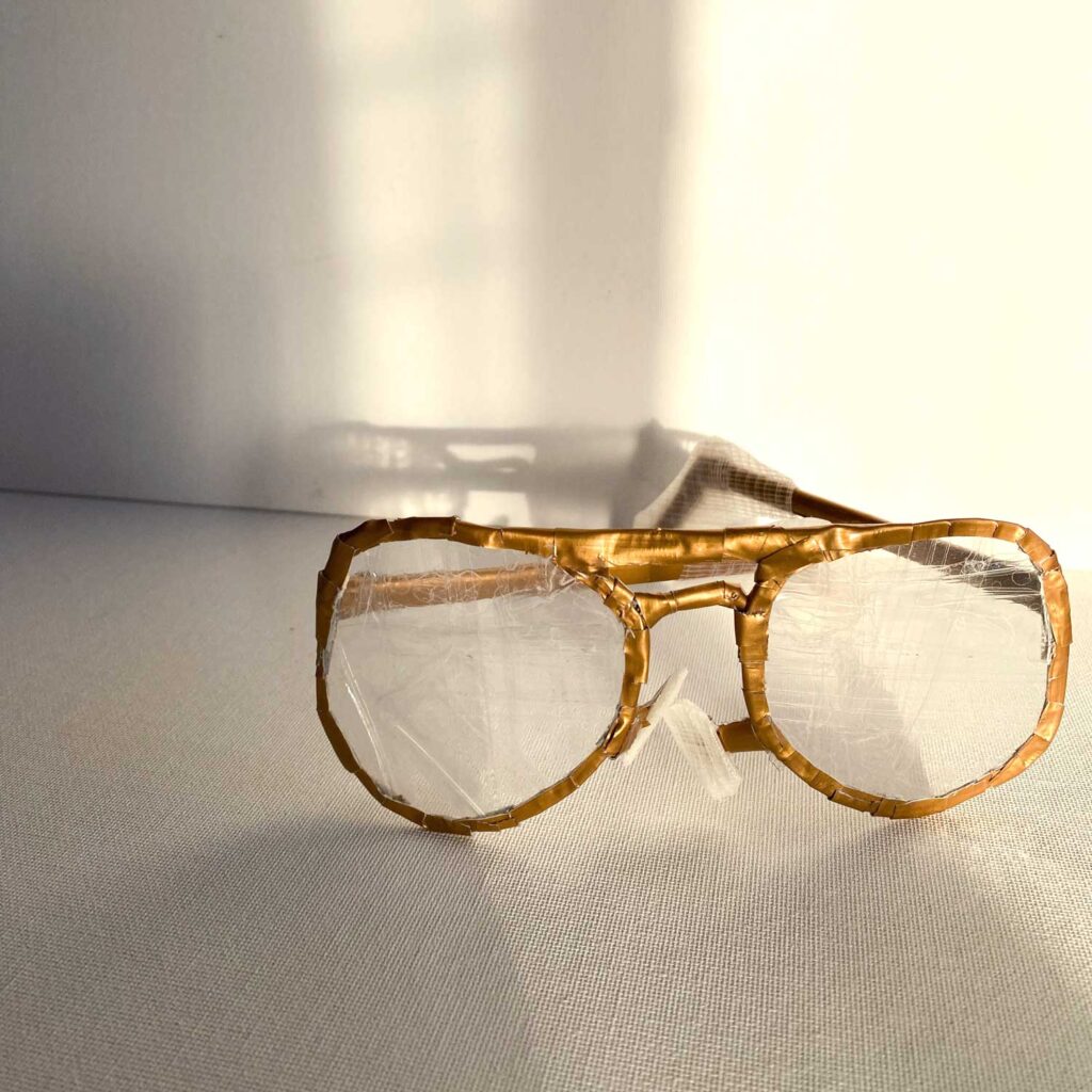 Gold aviator glasses made with duct tape and packing tape, view from angle